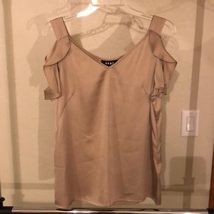 DKNY Gold Silky Ruffle Cold Shoulder Blouse, Med.